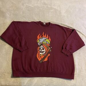 Skull Sweater Men 2XL Burgundy Crew Neck‎ Pullover Sweatshirt Workout Streetwear
